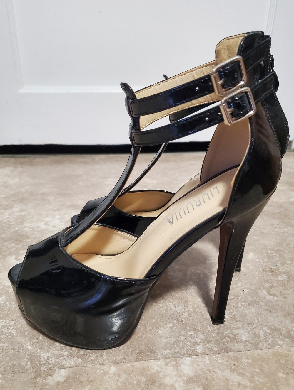 🆕️ LIURUIJIA Black Patent T-Strap Platform Pumps Sz 8.5
